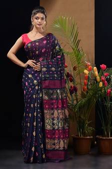 Navy Blue Silk Cotton Handwoven Jamdani Saree With Multicolor Woven Designs And Motifs Without Blouse