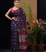 Navy Blue Silk Cotton Handwoven Jamdani Saree With Multicolor Woven Designs And Motifs Without Blouse