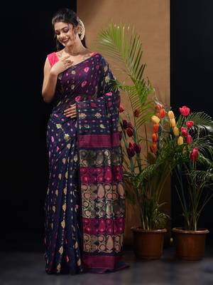 Navy Blue Silk Cotton Handwoven Jamdani Saree With Multicolor Woven Designs And Motifs Without Blouse 2