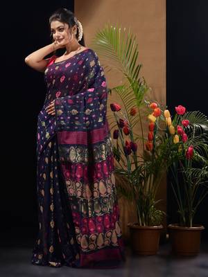 Navy Blue Silk Cotton Handwoven Jamdani Saree With Multicolor Woven Designs And Motifs Without Blouse 3
