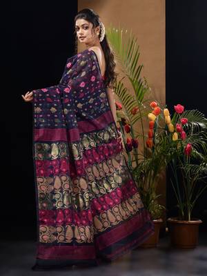 Navy Blue Silk Cotton Handwoven Jamdani Saree With Multicolor Woven Designs And Motifs Without Blouse 4