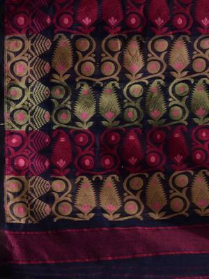 Navy Blue Silk Cotton Handwoven Jamdani Saree With Multicolor Woven Designs And Motifs Without Blouse 5
