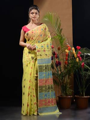 Lime Yellow Silk Cotton Handwoven Jamdani Saree With Multicolour Woven Designs And Motifs Without Blouse 1