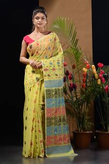 Lime Yellow Silk Cotton Handwoven Jamdani Saree With Multicolour Woven Designs And Motifs Without Blouse