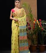 Lime Yellow Silk Cotton Handwoven Jamdani Saree With Multicolour Woven Designs And Motifs Without Blouse