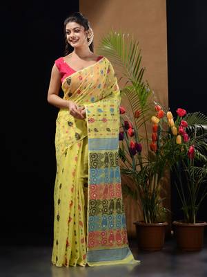 Lime Yellow Silk Cotton Handwoven Jamdani Saree With Multicolour Woven Designs And Motifs Without Blouse 2