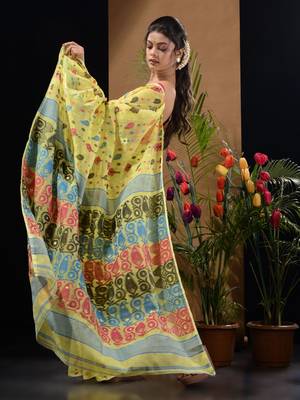 Lime Yellow Silk Cotton Handwoven Jamdani Saree With Multicolour Woven Designs And Motifs Without Blouse 3