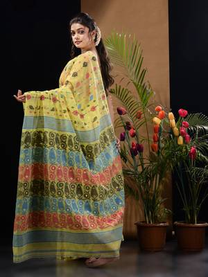 Lime Yellow Silk Cotton Handwoven Jamdani Saree With Multicolour Woven Designs And Motifs Without Blouse 4