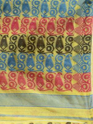 Lime Yellow Silk Cotton Handwoven Jamdani Saree With Multicolour Woven Designs And Motifs Without Blouse 5