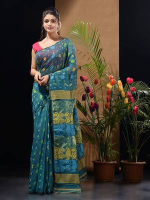Teal Silk Cotton Handwoven Jamdani Saree With Multicolor Woven Designs And Motifs Without Blouse 1
