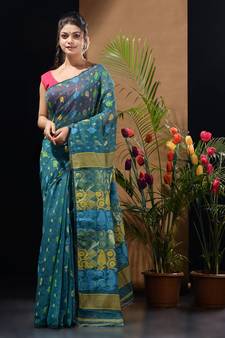 Teal Silk Cotton Handwoven Jamdani Saree With Multicolor Woven Designs And Motifs Without Blouse
