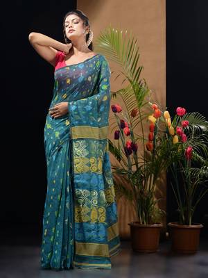 Teal Silk Cotton Handwoven Jamdani Saree With Multicolor Woven Designs And Motifs Without Blouse 2