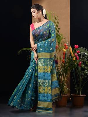 Teal Silk Cotton Handwoven Jamdani Saree With Multicolor Woven Designs And Motifs Without Blouse 3