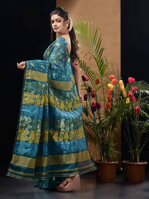 Teal Silk Cotton Handwoven Jamdani Saree With Multicolor Woven Designs And Motifs Without Blouse 4