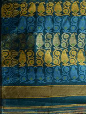 Teal Silk Cotton Handwoven Jamdani Saree With Multicolor Woven Designs And Motifs Without Blouse 5