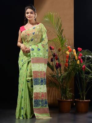 Light Green Silk Cotton Handwoven Jamdani Saree With Multicolor Woven Designs And Motifs Without Blouse 1