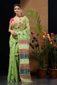 Light Green Silk Cotton Handwoven Jamdani Saree With Multicolor Woven Designs And Motifs Without Blouse