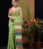 Light Green Silk Cotton Handwoven Jamdani Saree With Multicolor Woven Designs And Motifs Without Blouse
