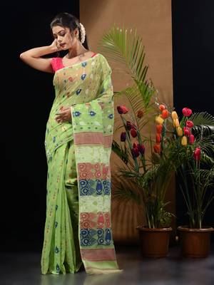 Light Green Silk Cotton Handwoven Jamdani Saree With Multicolor Woven Designs And Motifs Without Blouse 2