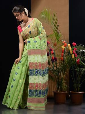 Light Green Silk Cotton Handwoven Jamdani Saree With Multicolor Woven Designs And Motifs Without Blouse 3