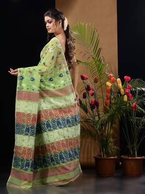 Light Green Silk Cotton Handwoven Jamdani Saree With Multicolor Woven Designs And Motifs Without Blouse 4