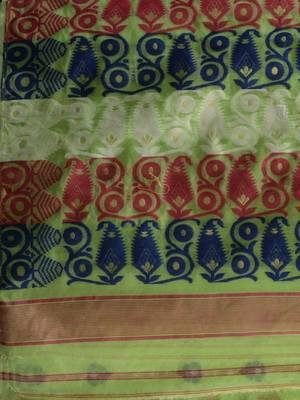 Light Green Silk Cotton Handwoven Jamdani Saree With Multicolor Woven Designs And Motifs Without Blouse 5