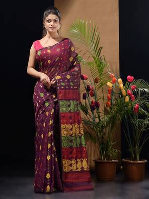 Magenta Silk Cotton Handwoven Jamdani Saree With Multicolor Woven Designs And Motifs Without Blouse 1
