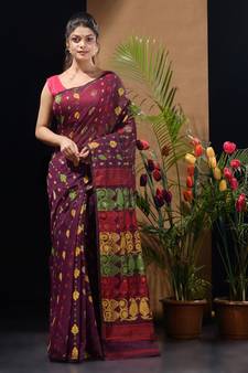 Magenta Silk Cotton Handwoven Jamdani Saree With Multicolor Woven Designs And Motifs Without Blouse