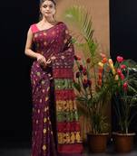 Magenta Silk Cotton Handwoven Jamdani Saree With Multicolor Woven Designs And Motifs Without Blouse