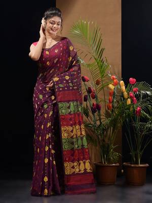 Magenta Silk Cotton Handwoven Jamdani Saree With Multicolor Woven Designs And Motifs Without Blouse 2