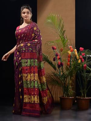 Magenta Silk Cotton Handwoven Jamdani Saree With Multicolor Woven Designs And Motifs Without Blouse 3