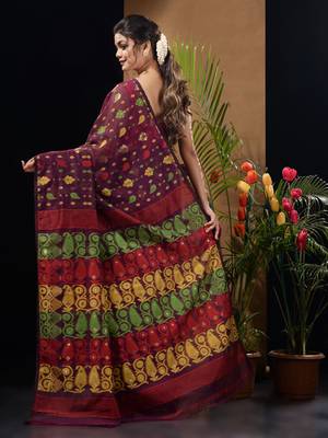 Magenta Silk Cotton Handwoven Jamdani Saree With Multicolor Woven Designs And Motifs Without Blouse 4