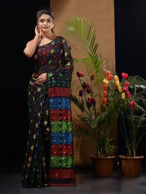 Black Silk Cotton Handwoven Jamdani Saree With Multicolor Woven Designs And Motifs Without Blouse 1