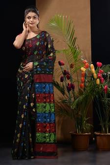 Black Silk Cotton Handwoven Jamdani Saree With Multicolor Woven Designs And Motifs Without Blouse