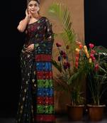 Black Silk Cotton Handwoven Jamdani Saree With Multicolor Woven Designs And Motifs Without Blouse