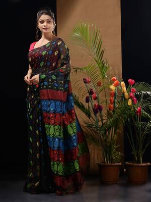 Black Silk Cotton Handwoven Jamdani Saree With Multicolor Woven Designs And Motifs Without Blouse 2