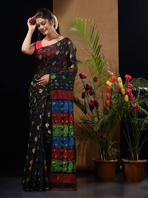 Black Silk Cotton Handwoven Jamdani Saree With Multicolor Woven Designs And Motifs Without Blouse 3