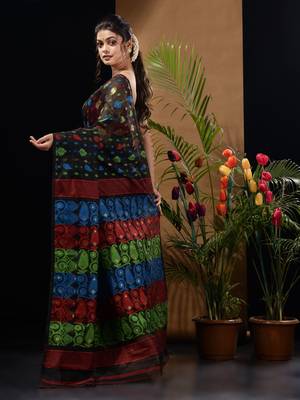 Black Silk Cotton Handwoven Jamdani Saree With Multicolor Woven Designs And Motifs Without Blouse 4