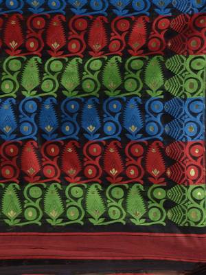 Black Silk Cotton Handwoven Jamdani Saree With Multicolor Woven Designs And Motifs Without Blouse 5