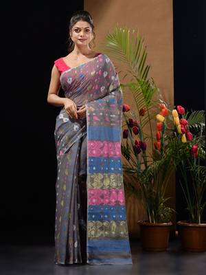 Light Grey Silk Cotton Handwoven Jamdani Saree With Multicolor Woven Designs And Motifs Without Blouse 1