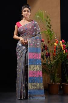 Light Grey Silk Cotton Handwoven Jamdani Saree With Multicolor Woven Designs And Motifs Without Blouse