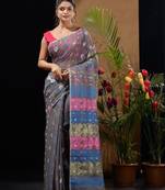 Light Grey Silk Cotton Handwoven Jamdani Saree With Multicolor Woven Designs And Motifs Without Blouse