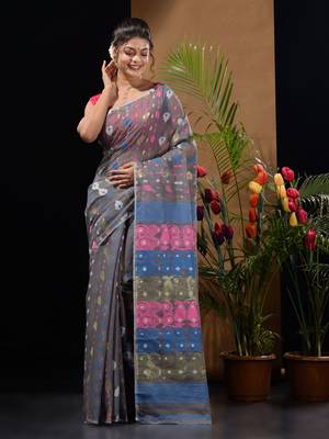Light Grey Silk Cotton Handwoven Jamdani Saree With Multicolor Woven Designs And Motifs Without Blouse 2