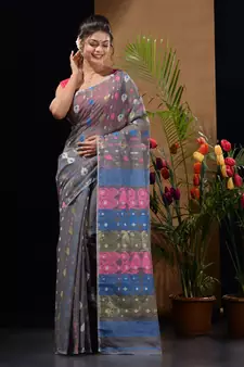 Light Grey Silk Cotton Handwoven Jamdani Saree With Multicolor Woven Designs And Motifs Without Blouse