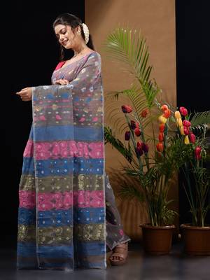 Light Grey Silk Cotton Handwoven Jamdani Saree With Multicolor Woven Designs And Motifs Without Blouse 3