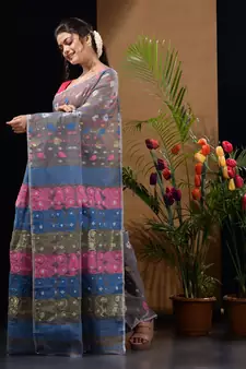 Light Grey Silk Cotton Handwoven Jamdani Saree With Multicolor Woven Designs And Motifs Without Blouse