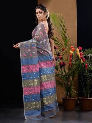 Light Grey Silk Cotton Handwoven Jamdani Saree With Multicolor Woven Designs And Motifs Without Blouse 4