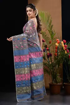 Light Grey Silk Cotton Handwoven Jamdani Saree With Multicolor Woven Designs And Motifs Without Blouse