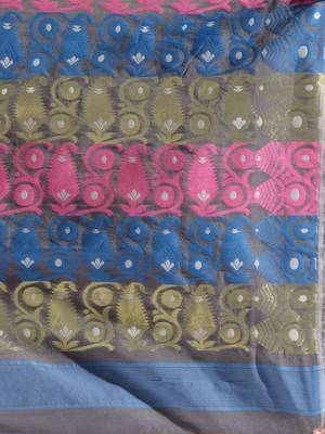 Light Grey Silk Cotton Handwoven Jamdani Saree With Multicolor Woven Designs And Motifs Without Blouse 5