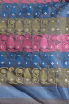 Light Grey Silk Cotton Handwoven Jamdani Saree With Multicolor Woven Designs And Motifs Without Blouse